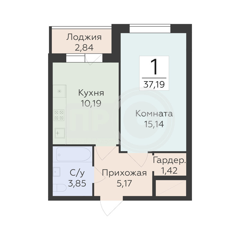 1-комнатная квартира, 37.19кв.м