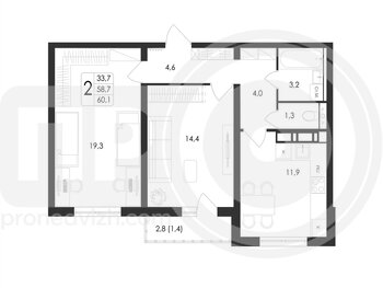 Миниатюра 2-комнатная квартира, 60.1кв.м