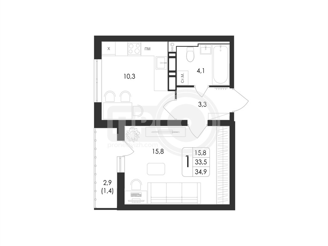 1-комнатная квартира, 34.9кв.м