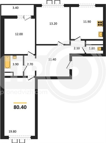 Миниатюра 3-комнатная квартира, 80.4кв.м