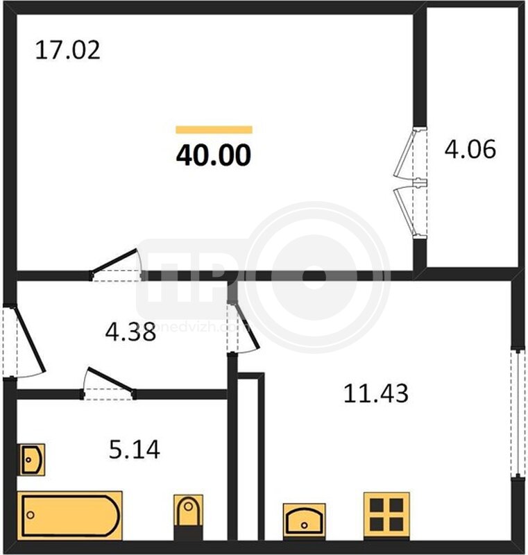 1-комнатная квартира, 40кв.м