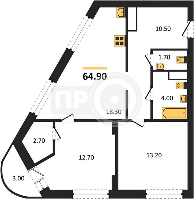 2-комнатная квартира, 64.9кв.м