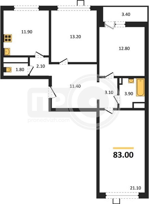 3-комнатная квартира, 83кв.м