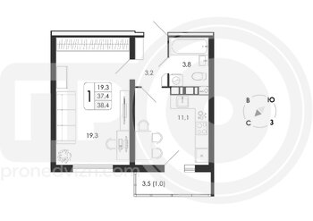 Миниатюра 1-комнатная квартира, 38.4кв.м