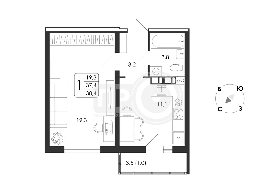 1-комнатная квартира, 38.4кв.м