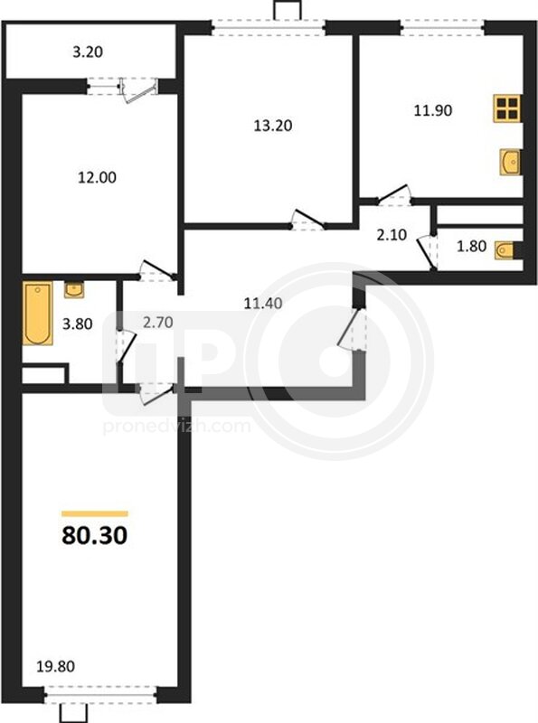 3-комнатная квартира, 80.3кв.м