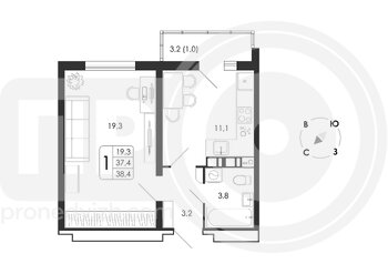 Миниатюра 1-комнатная квартира, 38.4кв.м