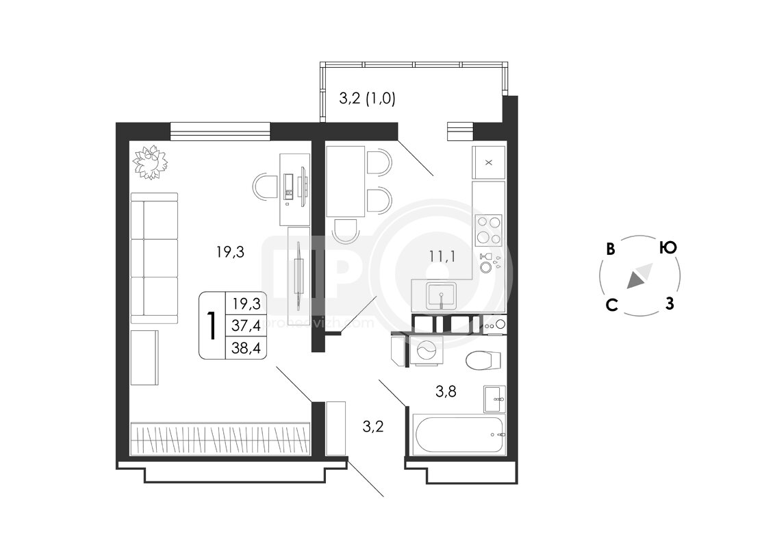 1-комнатная квартира, 38.4кв.м