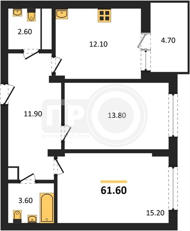 2-комнатная квартира, 61.6кв.м