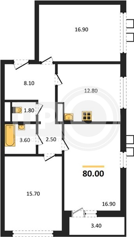 3-комнатная квартира, 80кв.м