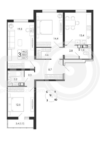 Миниатюра 3-комнатная квартира, 84.7кв.м