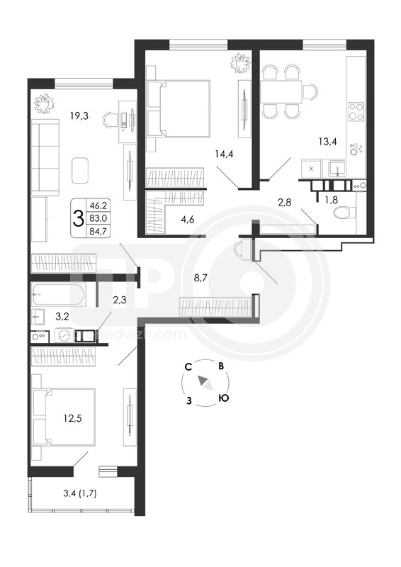 3-комнатная квартира, 84.7кв.м