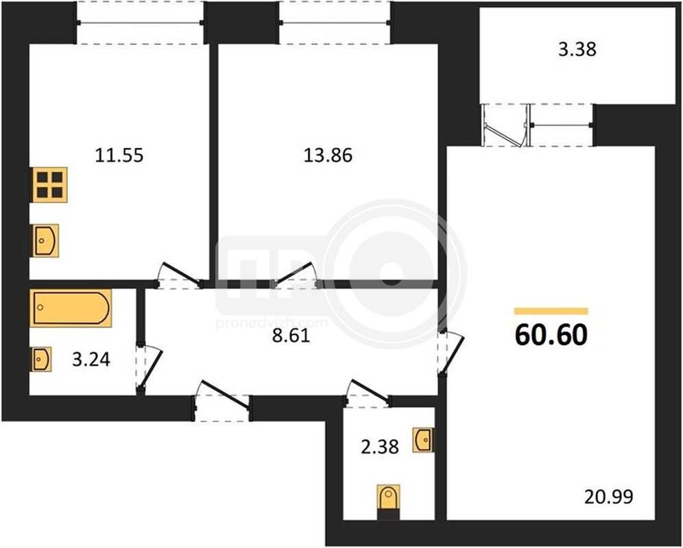 2-комнатная квартира, 60.6кв.м