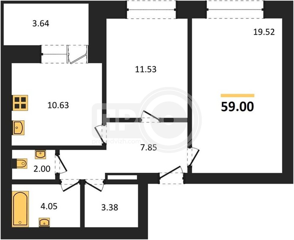 2-комнатная квартира, 59кв.м