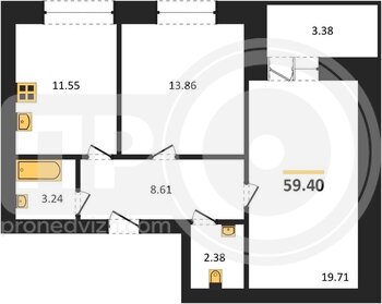 Миниатюра 2-комнатная квартира, 59.4кв.м