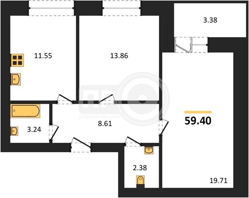 2-комнатная квартира, 59.4кв.м