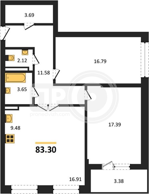 2-комнатная квартира, 83.3кв.м