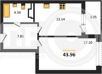 Миниатюра 1-комнатная квартира, 43.96кв.м