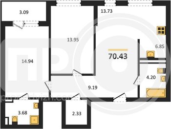 Миниатюра 2-комнатная квартира, 70.43кв.м