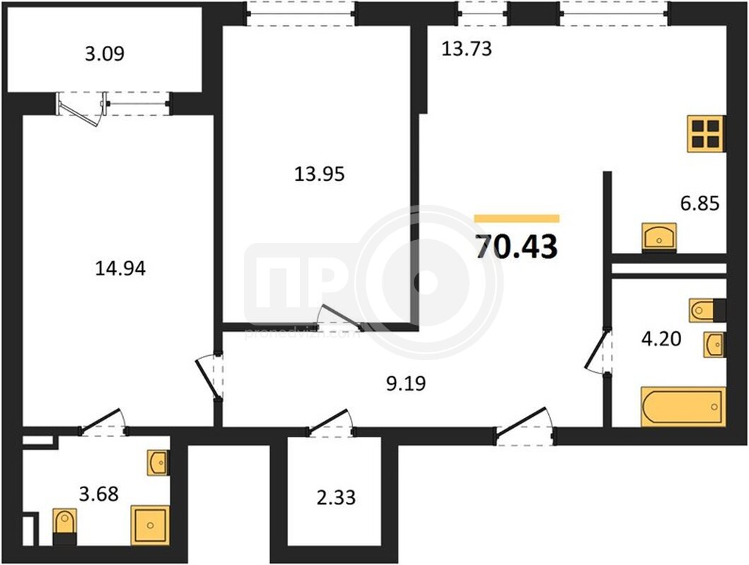 2-комнатная квартира, 70.43кв.м