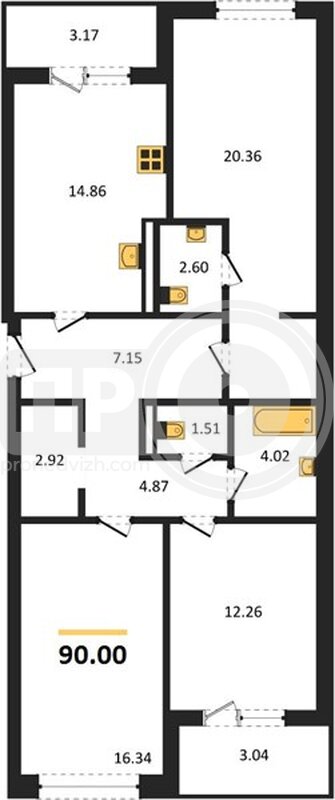 3-комнатная квартира, 90кв.м