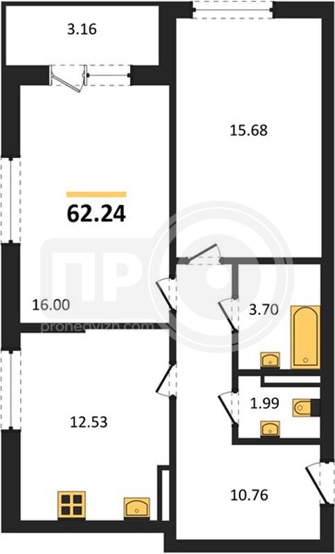 2-комнатная квартира, 62.24кв.м