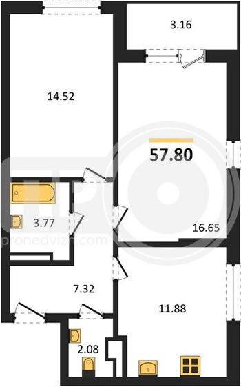 Миниатюра 2-комнатная квартира, 57.8кв.м