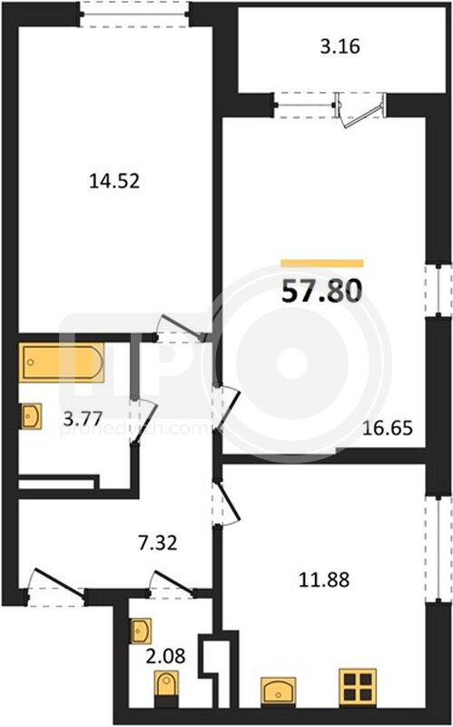 2-комнатная квартира, 57.8кв.м