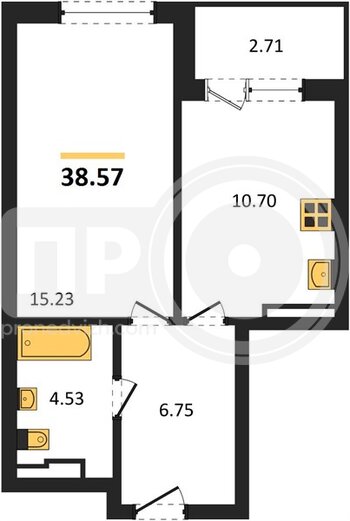 Миниатюра 1-комнатная квартира, 38.57кв.м
