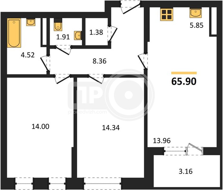 2-комнатная квартира, 65.9кв.м