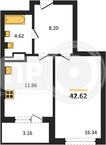 Миниатюра 1-комнатная квартира, 42.62кв.м