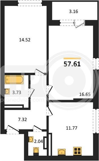 Миниатюра 2-комнатная квартира, 57.61кв.м