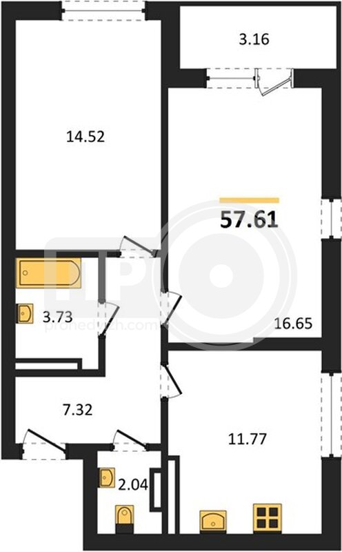 2-комнатная квартира, 57.61кв.м