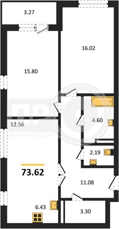 2-комнатная квартира, 73.62кв.м