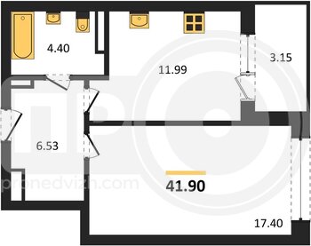 Миниатюра 1-комнатная квартира, 41.9кв.м