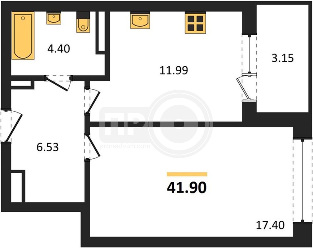 1-комнатная квартира, 41.9кв.м