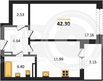 Миниатюра 1-комнатная квартира, 42.3кв.м