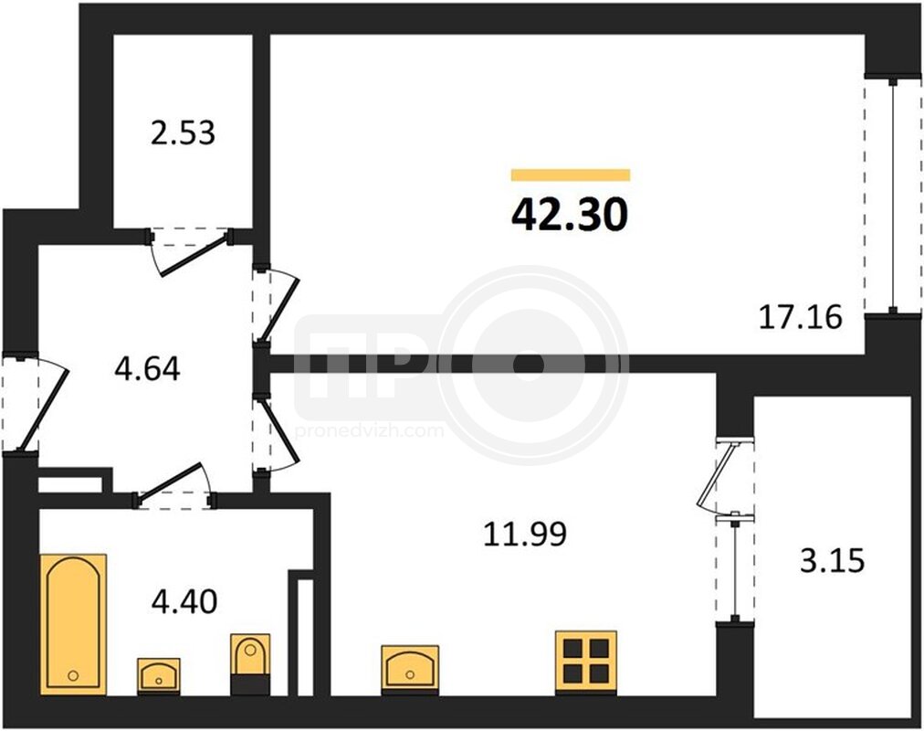 1-комнатная квартира, 42.3кв.м