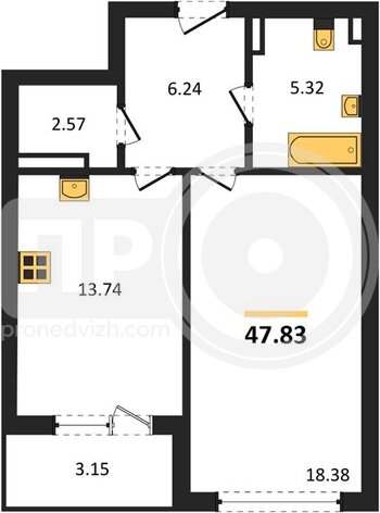 Миниатюра 1-комнатная квартира, 47.83кв.м