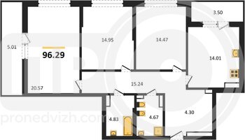 Миниатюра 3-комнатная квартира, 96.29кв.м