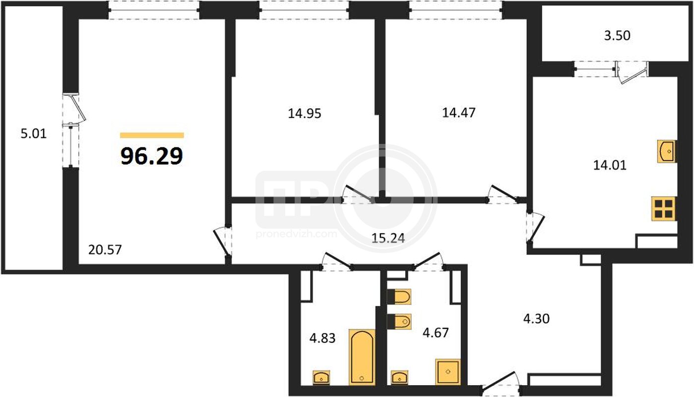 3-комнатная квартира, 96.29кв.м