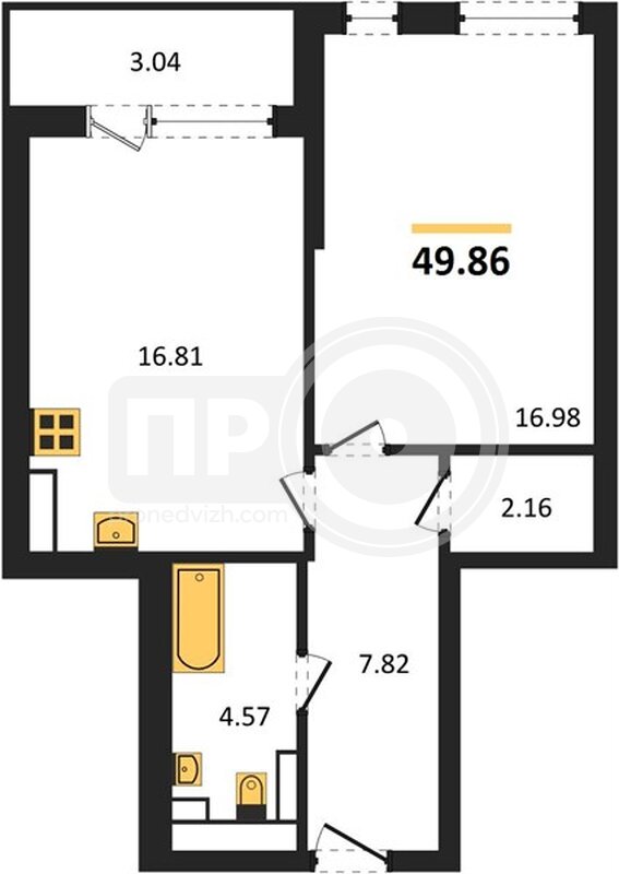 1-комнатная квартира, 49.86кв.м