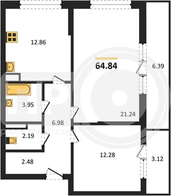 Миниатюра 2-комнатная квартира, 64.84кв.м