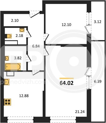 Миниатюра 2-комнатная квартира, 64.02кв.м