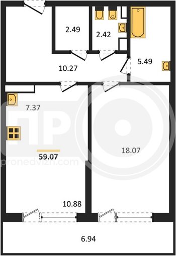 Миниатюра 1-комнатная квартира, 59.07кв.м