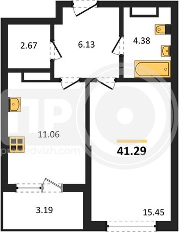 Миниатюра 1-комнатная квартира, 41.29кв.м