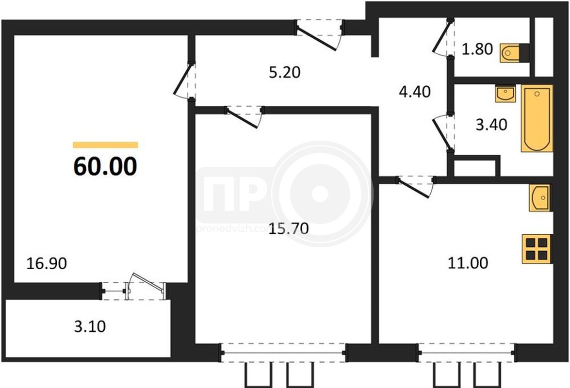 2-комнатная квартира, 60кв.м