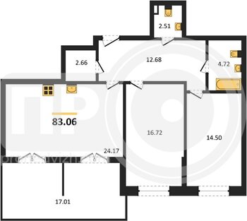 Миниатюра 2-комнатная квартира, 83.06кв.м