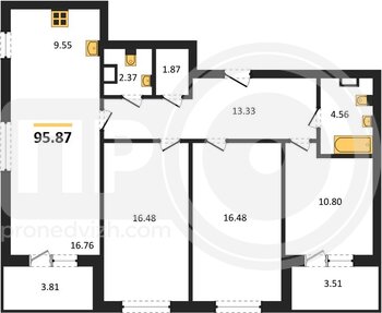 Миниатюра 3-комнатная квартира, 95.87кв.м