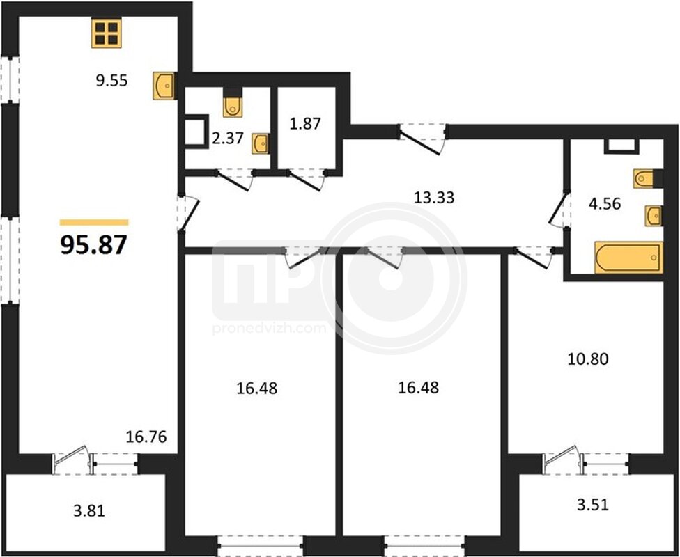 3-комнатная квартира, 95.87кв.м